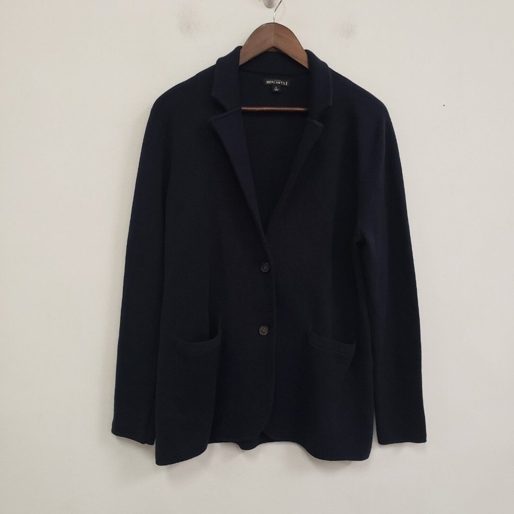 J Crew Mercantile Womens Sweater Blazer Size L Blue Single Breasted Two Button